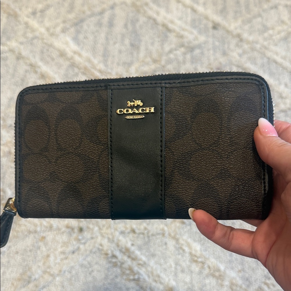 Coach Signature Brown and Black Zip Wallet